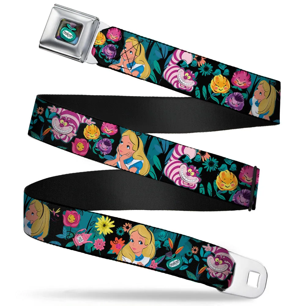 Alice in Wonderland DRINK ME Bottle Full Color Seatbelt Belt - Alice/Cheshire Cat/Flowers Poses Black/Multi Color Webbing