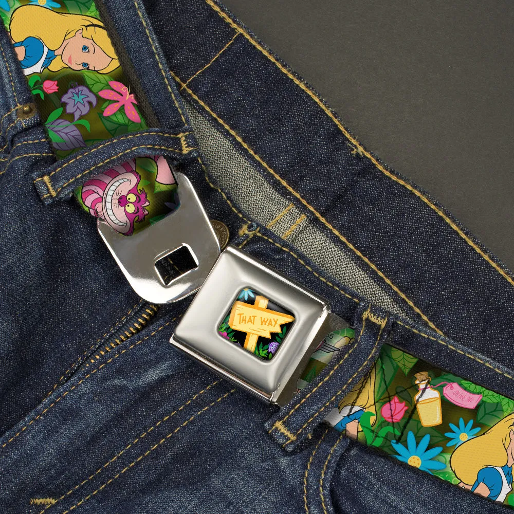 Alice in Wonderland THIS WAY Sign Flowers Full Color Seatbelt Belt - Alice & Cheshire Cat Poses/Flowers Webbing by Buckle-Down