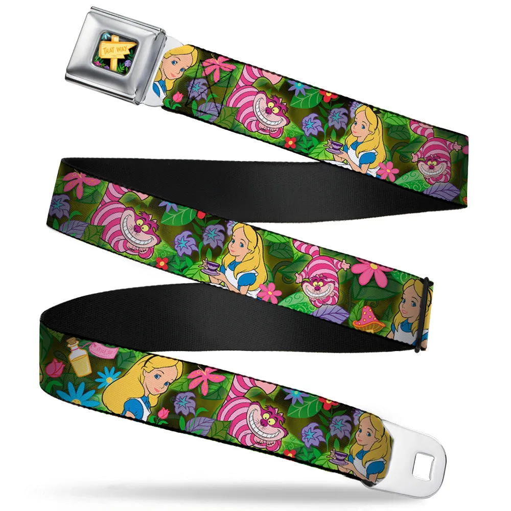 Alice in Wonderland THIS WAY Sign Flowers Full Color Seatbelt Belt - Alice & Cheshire Cat Poses/Flowers Webbing by Buckle-Down