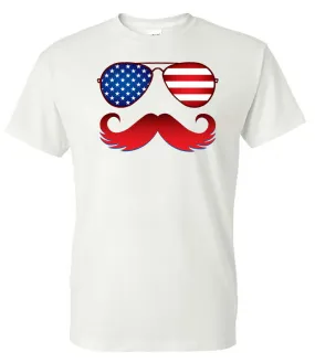 American Flag Glasses and Mustache - White Short Sleeve Tee