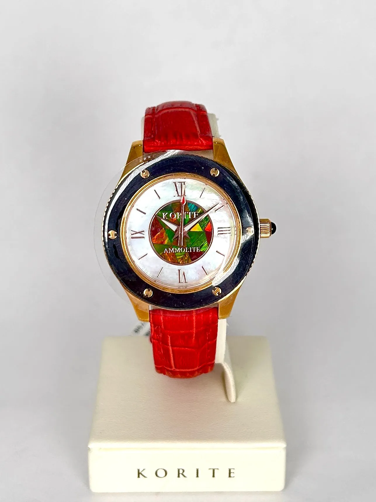 Ammolite Watch-Small-Mosaic Ammolite white Mother of Pearl 36mm Round Watch-Red Leather Strap (Korite)