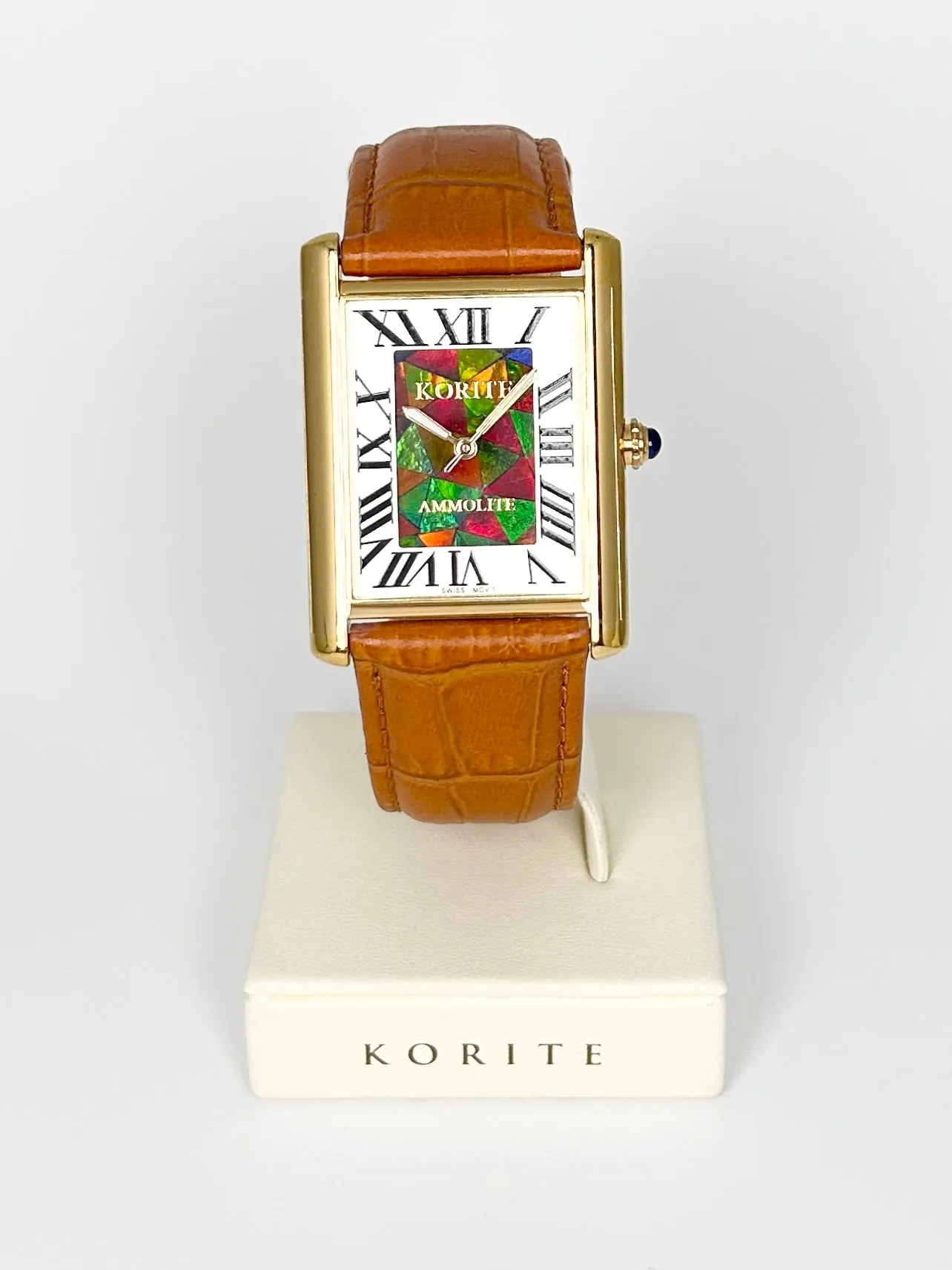 Ammolite Watch- Large- Roman Mosaic Rectangle Watch-Tan Leather Strap (Korite)