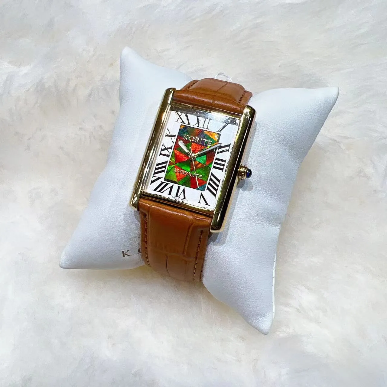 Ammolite Watch- Large- Roman Mosaic Rectangle Watch-Tan Leather Strap (Korite)