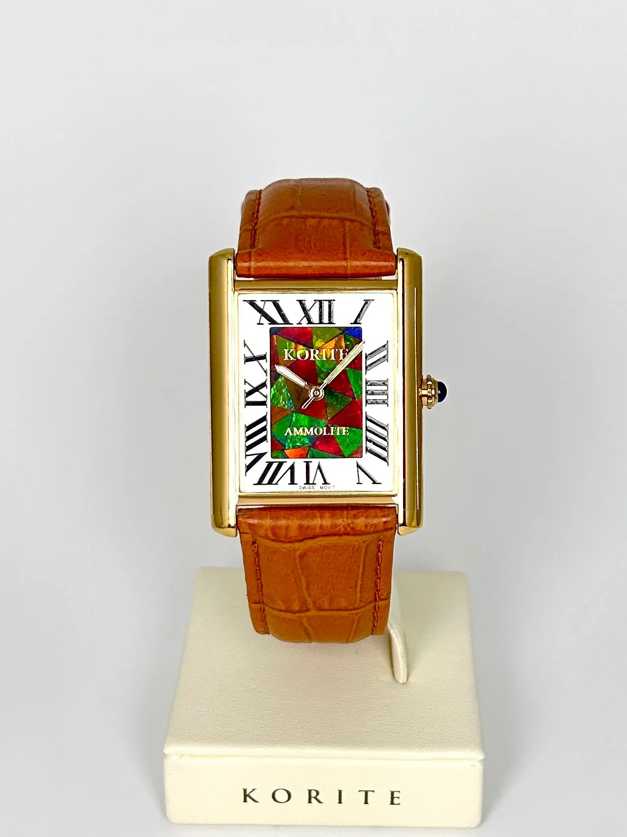 Ammolite Watch- Large- Roman Mosaic Rectangle Watch-Tan Leather Strap (Korite)