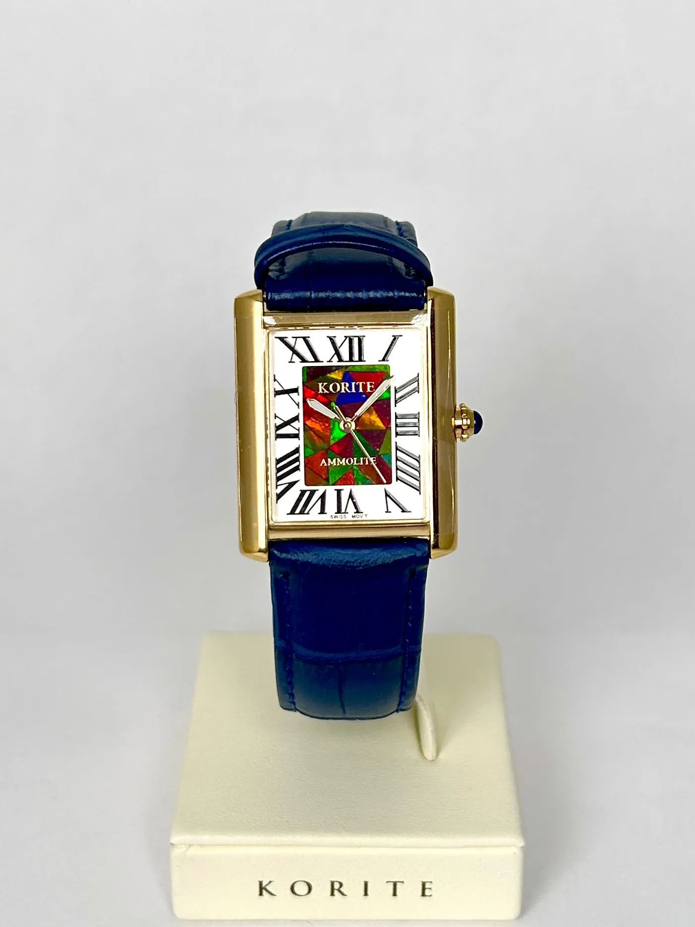 Ammolite Watch- Small- Roman Mosaic Rectangle Watch-Navy Blue Leather Strap (Korite)