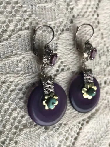 Antique French Ornate Silver   Gold Tone Amethyst Turquoise Pierced Earrings