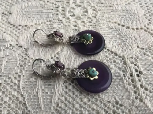 Antique French Ornate Silver   Gold Tone Amethyst Turquoise Pierced Earrings