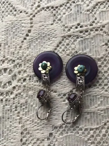 Antique French Ornate Silver   Gold Tone Amethyst Turquoise Pierced Earrings