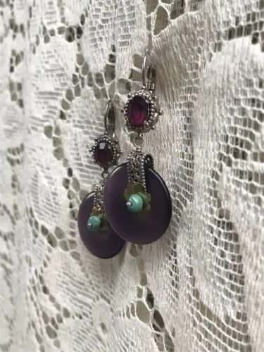 Antique French Ornate Silver   Gold Tone Amethyst Turquoise Pierced Earrings