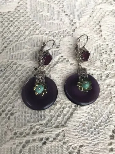 Antique French Ornate Silver   Gold Tone Amethyst Turquoise Pierced Earrings