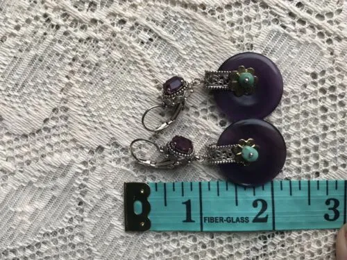 Antique French Ornate Silver   Gold Tone Amethyst Turquoise Pierced Earrings