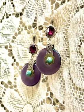 Antique French Ornate Silver   Gold Tone Amethyst Turquoise Pierced Earrings