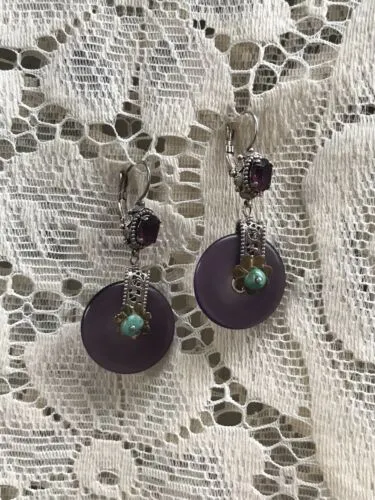 Antique French Ornate Silver   Gold Tone Amethyst Turquoise Pierced Earrings