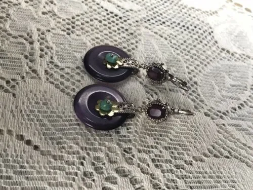 Antique French Ornate Silver   Gold Tone Amethyst Turquoise Pierced Earrings