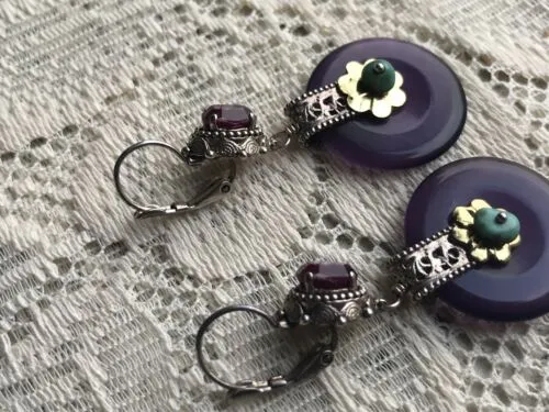 Antique French Ornate Silver   Gold Tone Amethyst Turquoise Pierced Earrings