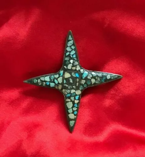 Antique Turquoise Mosiac Blue Stone Metal Starfish Star Fish Brooch Pin