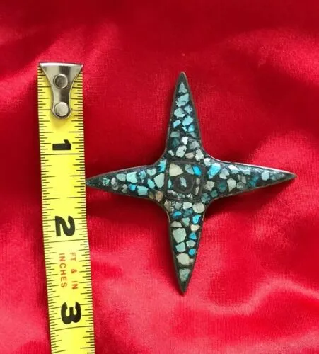 Antique Turquoise Mosiac Blue Stone Metal Starfish Star Fish Brooch Pin