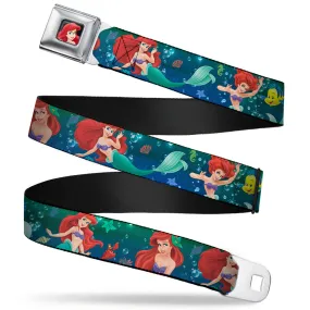 Ariel CLOSE-UP Full Color Seatbelt Belt - Ariel Poses w/Flounder Green/Blue Fade Webbing