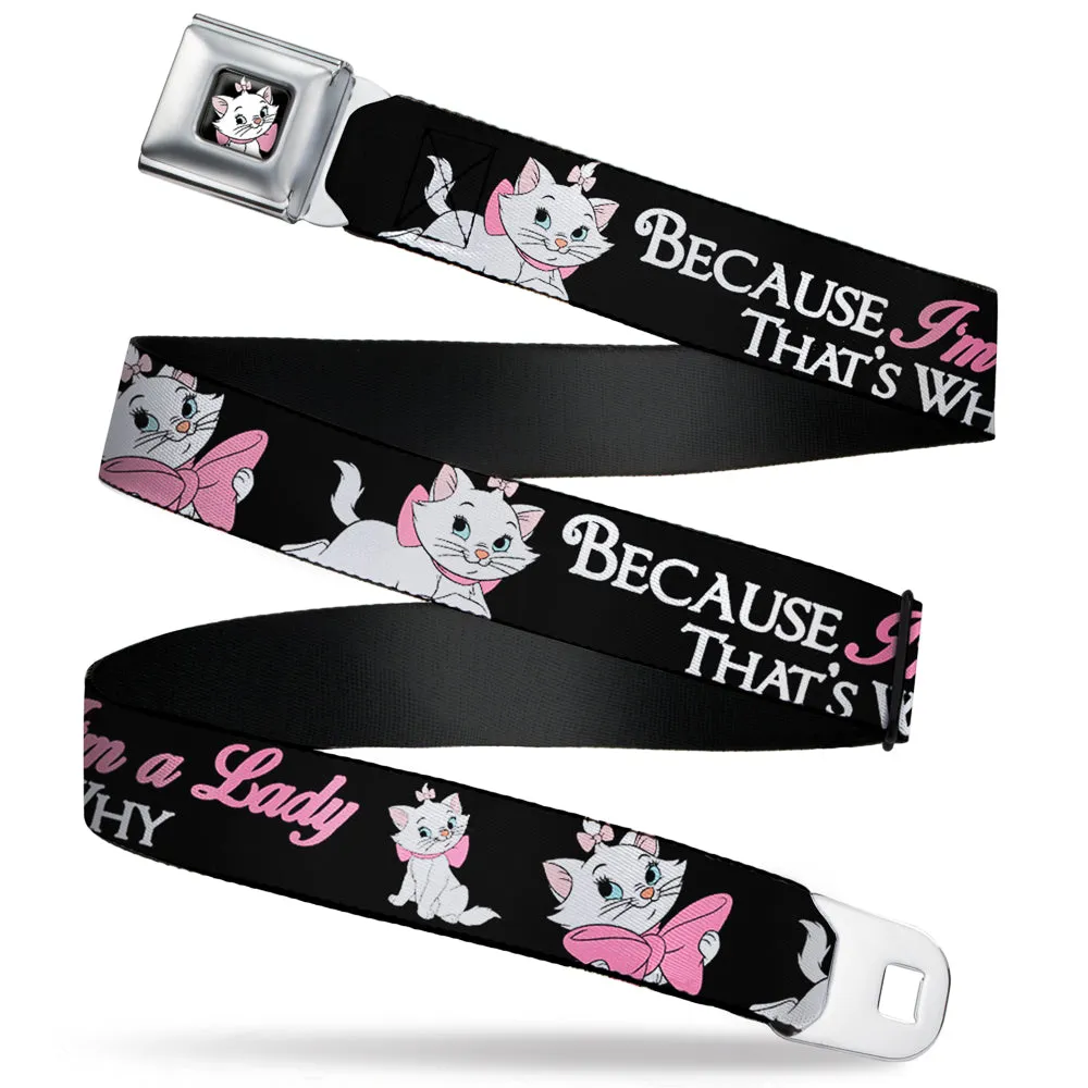 Aristocats Marie Face Full Color Black Seatbelt Belt - Aristocats Marie 3-Poses BECAUSE I'M A LADY THAT'S WHY Black/White/Pink Webbing