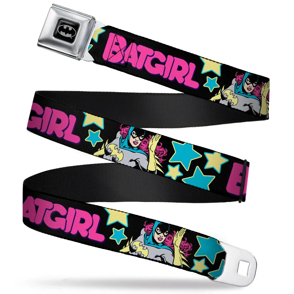 Batman Full Color Black Silver Black Seatbelt Belt - BATGIRL Running w/Stars Black/Pink/Yellow/Blue Webbing