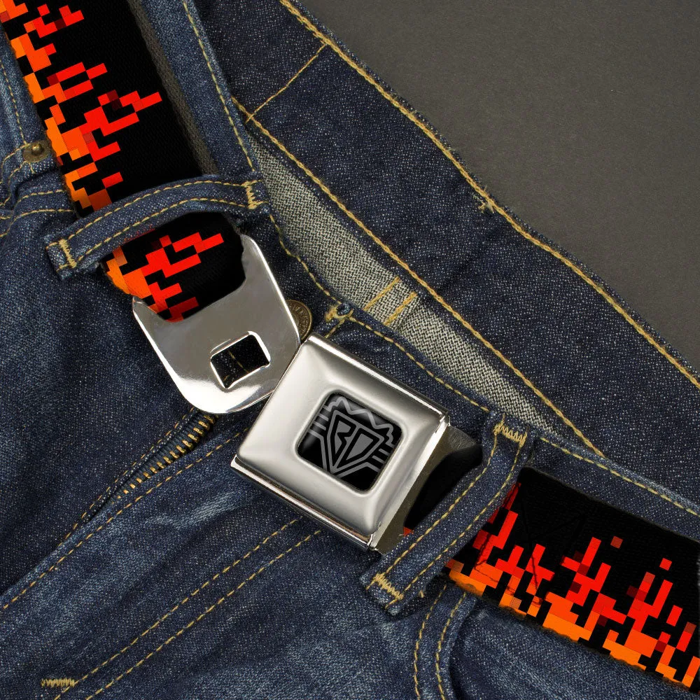 BD Wings Logo CLOSE-UP Black/Silver Seatbelt Belt - 8-Bit Pixel Flames Black/Oranges/Reds Webbing by Buckle-Down