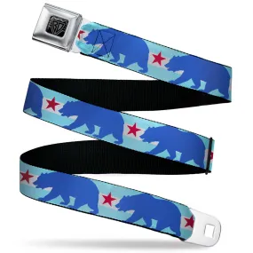 BD Wings Logo CLOSE-UP Black/Silver Seatbelt Belt - Cali Bear/Star Silhouette Baby Blue/White/Cobalt/Red Webbing