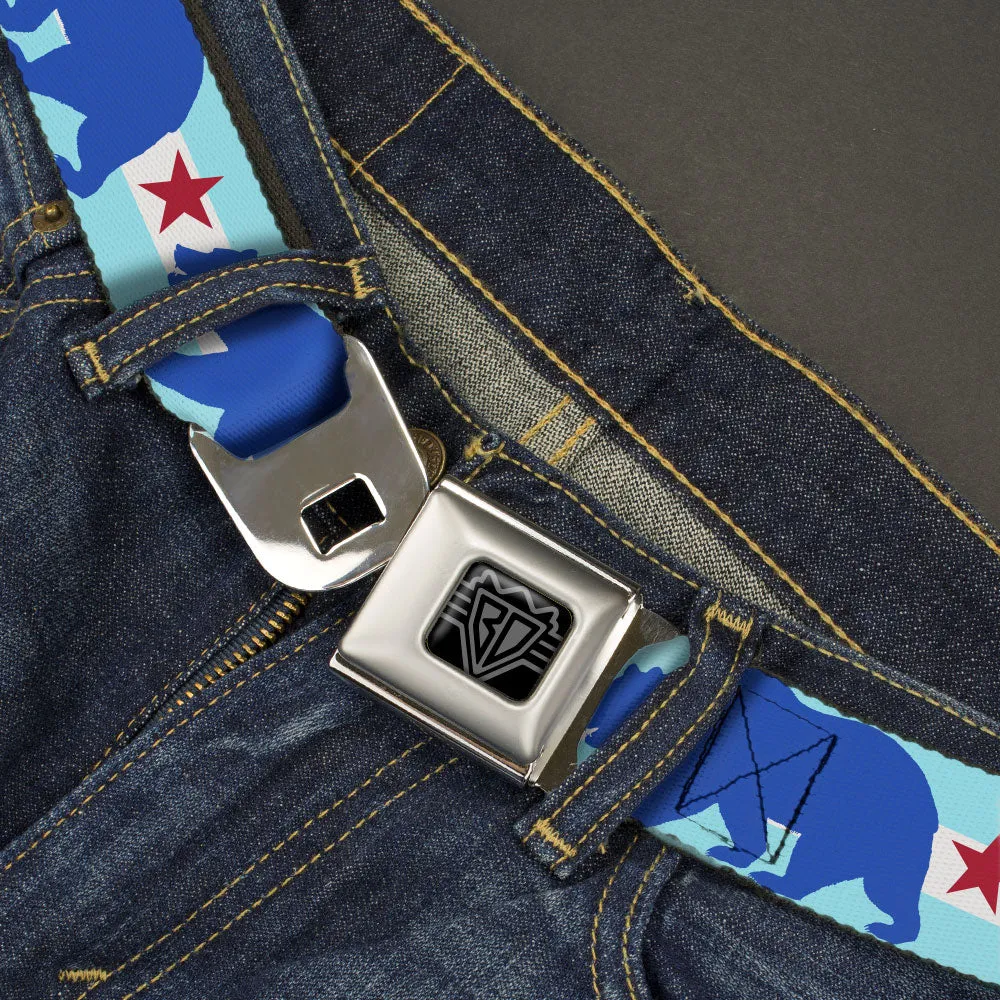 BD Wings Logo CLOSE-UP Black/Silver Seatbelt Belt - Cali Bear/Star Silhouette Baby Blue/White/Cobalt/Red Webbing