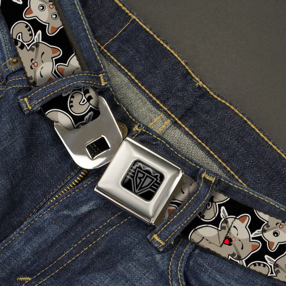 BD Wings Logo CLOSE-UP Black/Silver Seatbelt Belt - Cat Poses Scattered Black/Grays Webbing