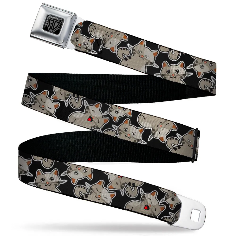 BD Wings Logo CLOSE-UP Black/Silver Seatbelt Belt - Cat Poses Scattered Black/Grays Webbing