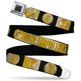 BD Wings Logo CLOSE-UP Black/Silver Seatbelt Belt - CHAMPION Belt/Icons Black/Golds Webbing