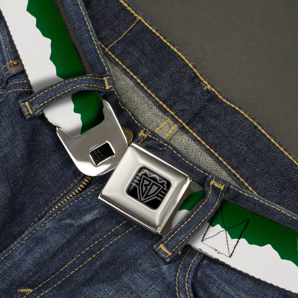 BD Wings Logo CLOSE-UP Black/Silver Seatbelt Belt - Colorado Solid Mountains Green/White Webbing