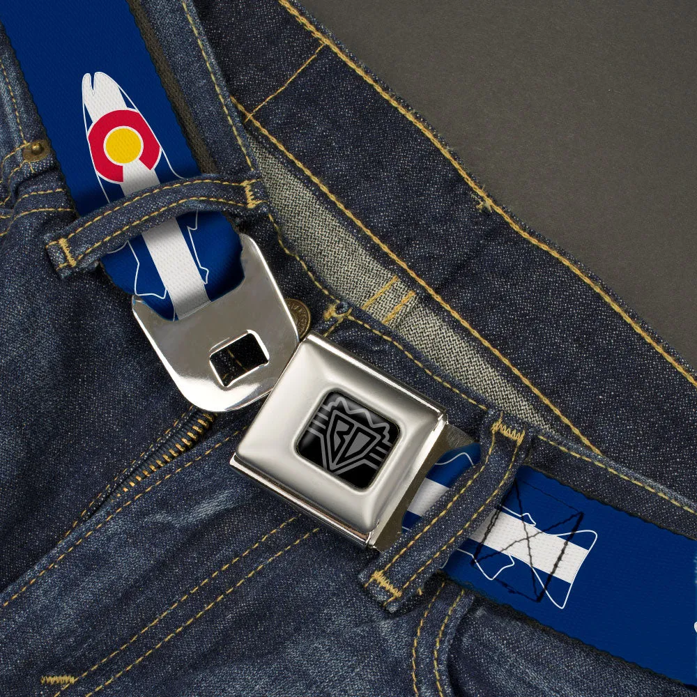 BD Wings Logo CLOSE-UP Black/Silver Seatbelt Belt - Colorado Trout Flag/Snowy Mountains Blues/White/Red/Yellow Webbing