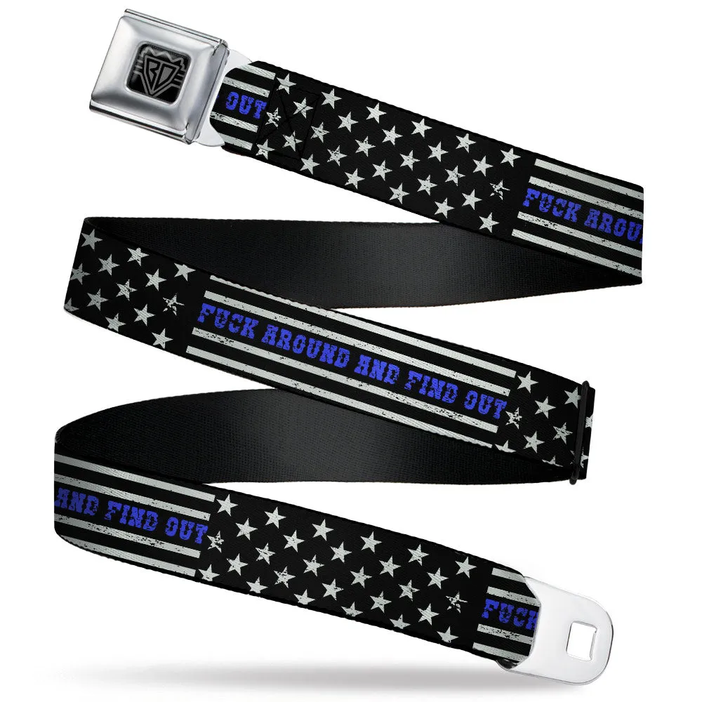 BD Wings Logo CLOSE-UP Black/Silver Seatbelt Belt - FAFO FUCK AROUND AND FIND OUT Thin Blue Line Flag Webbing by Buckle-Down