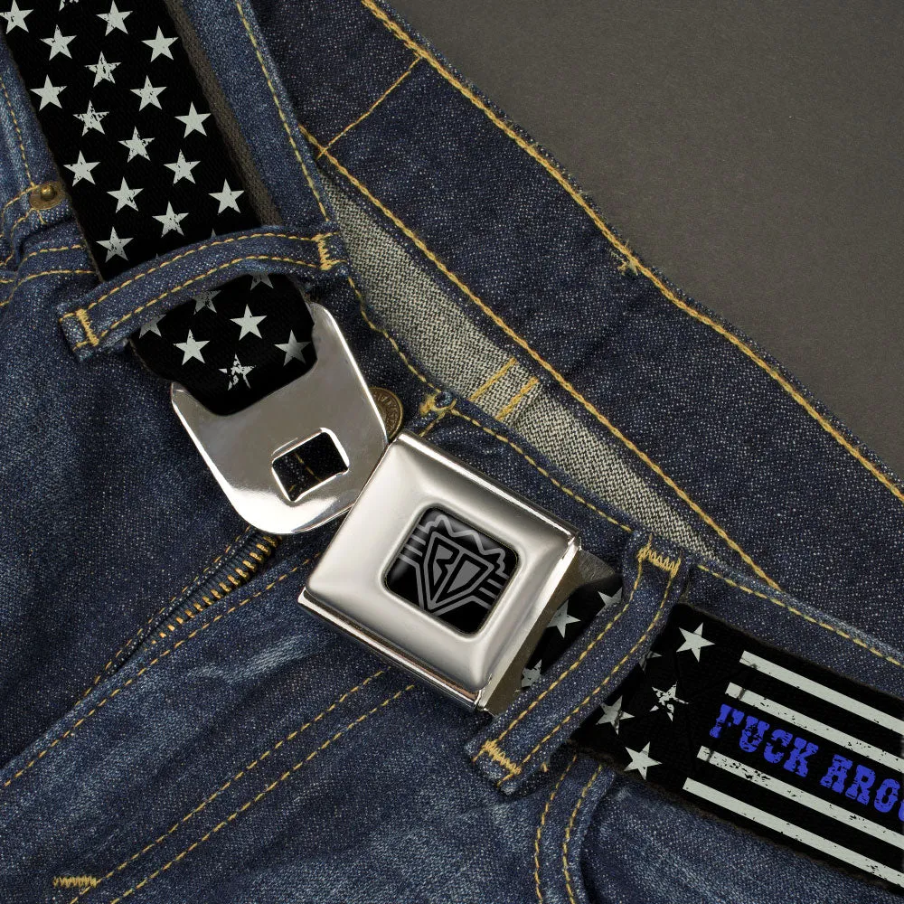 BD Wings Logo CLOSE-UP Black/Silver Seatbelt Belt - FAFO FUCK AROUND AND FIND OUT Thin Blue Line Flag Webbing by Buckle-Down