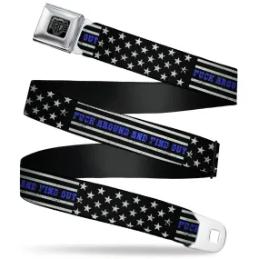 BD Wings Logo CLOSE-UP Black/Silver Seatbelt Belt - FAFO FUCK AROUND AND FIND OUT Thin Blue Line Flag Webbing by Buckle-Down