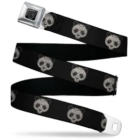 BD Wings Logo CLOSE-UP Black/Silver Seatbelt Belt - Panda Bear Sugar Skull Black/Cream Webbing by Buckle-Down