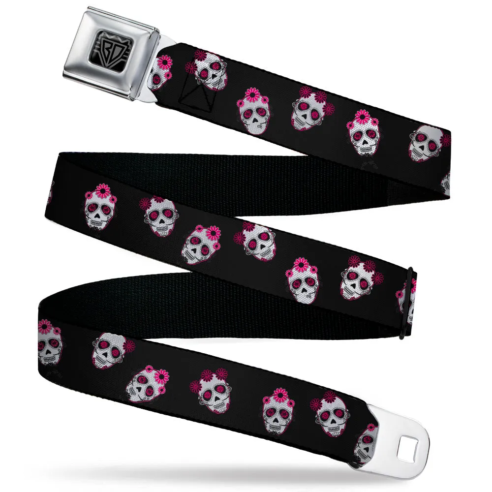 BD Wings Logo CLOSE-UP Black/Silver Seatbelt Belt - Staggered Sugar Skulls Black/Pink/White Webbing by Buckle-Down