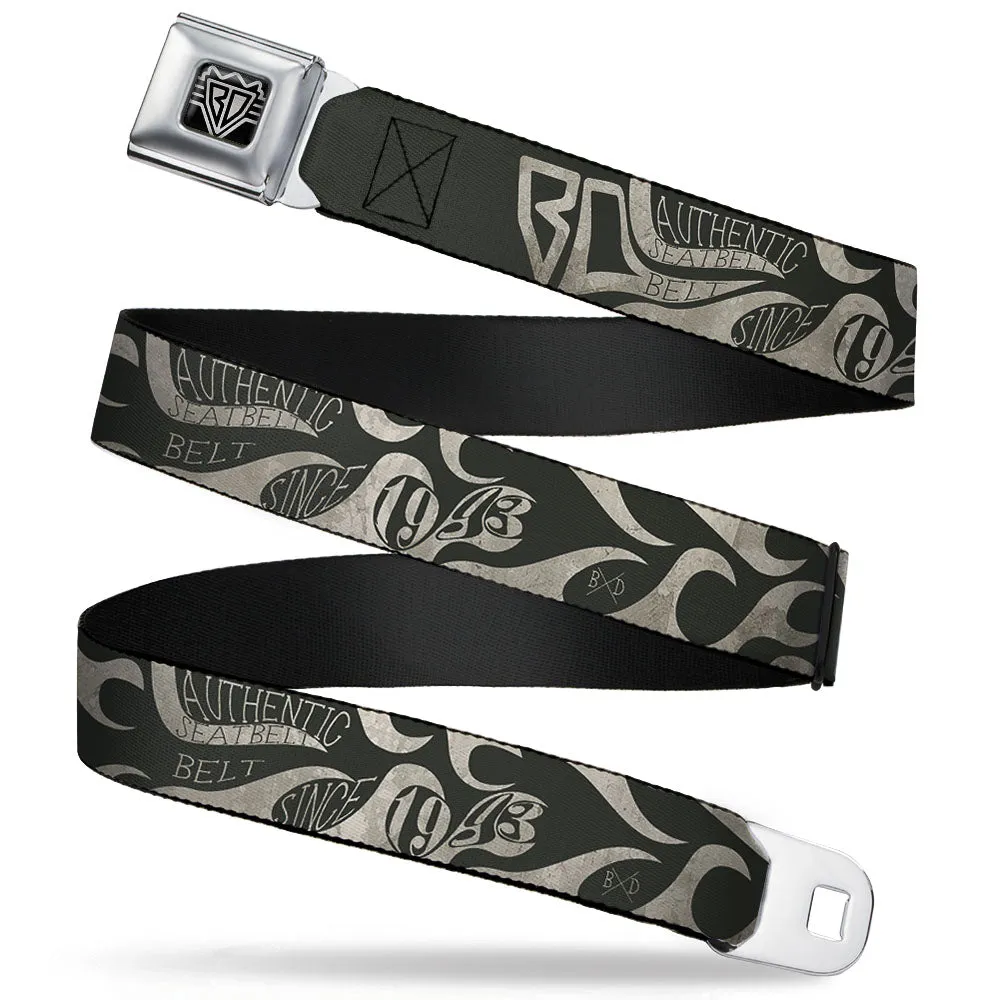 BD Wings Logo CLOSE-UP Full Color Black Silver Seatbelt Belt - BD AUTHENTIC SEATBELT BELT SINCE 1993 Flames Olive/Tan Webbing by Buckle-Down