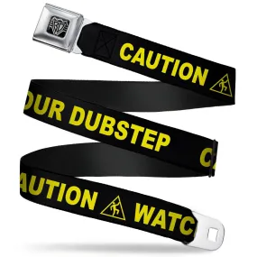 BD Wings Logo CLOSE-UP Full Color Black Silver Seatbelt Belt - CAUTION WATCH YOUR DUBSTEP Black/Yellow Webbing by Buckle-Down