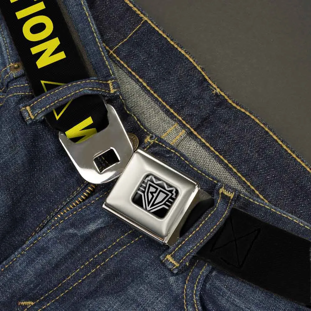 BD Wings Logo CLOSE-UP Full Color Black Silver Seatbelt Belt - CAUTION WATCH YOUR DUBSTEP Black/Yellow Webbing by Buckle-Down