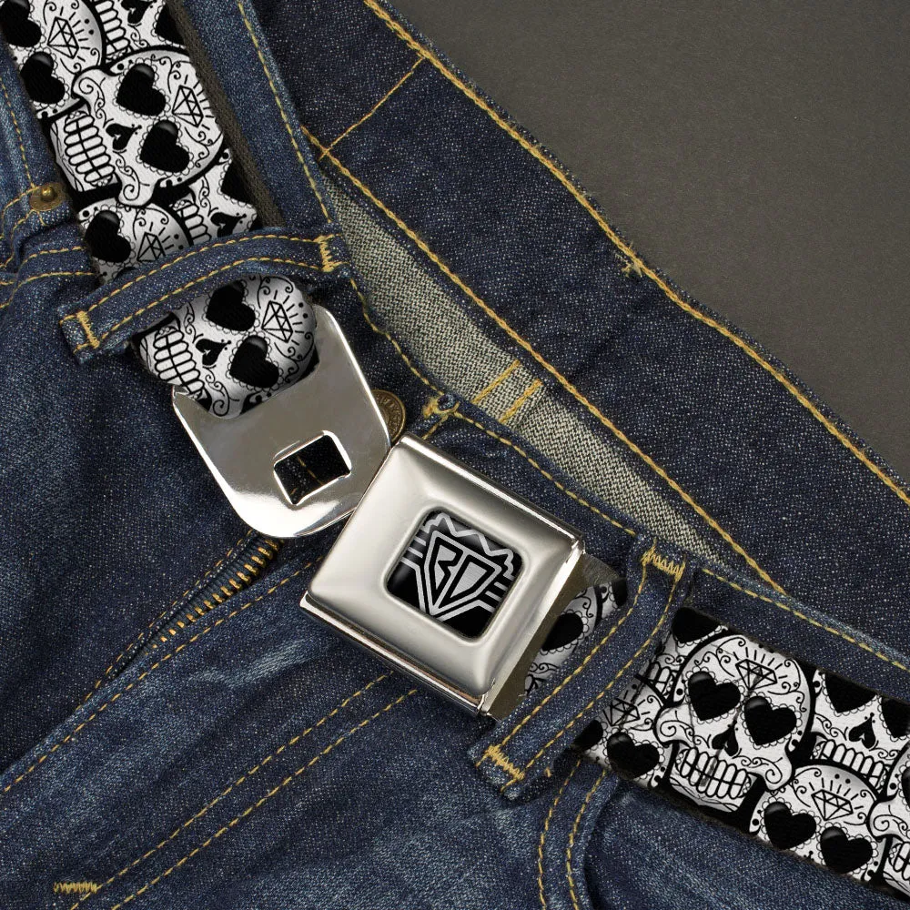 BD Wings Logo CLOSE-UP Full Color Black Silver Seatbelt Belt - Diamond Sugar Skull Stacked Black/Silver Fade/White Webbing by Buckle-Down