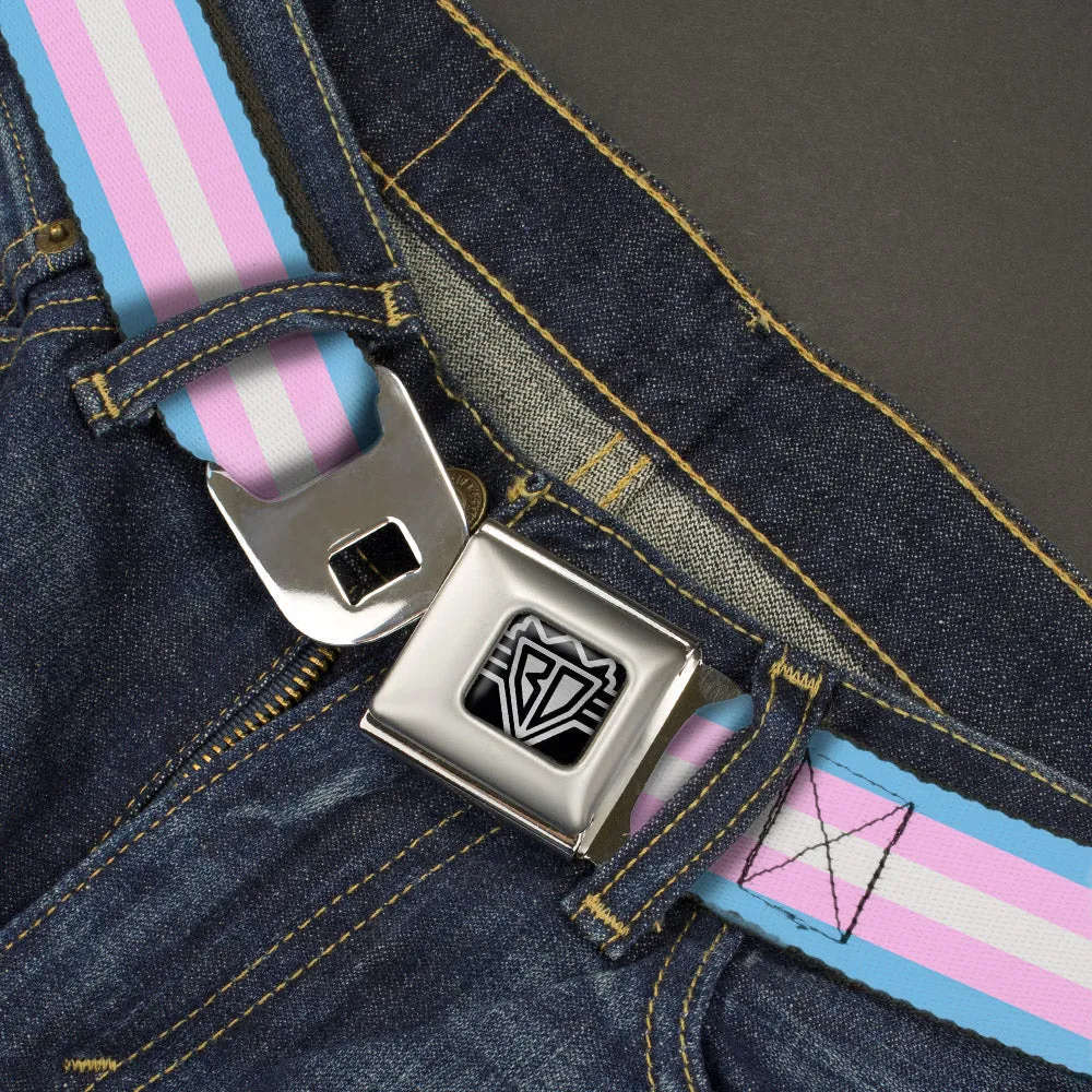 BD Wings Logo CLOSE-UP Full Color Black Silver Seatbelt Belt - Flag Transgender Baby Blue/Baby Pink/White Webbing by Buckle-Down