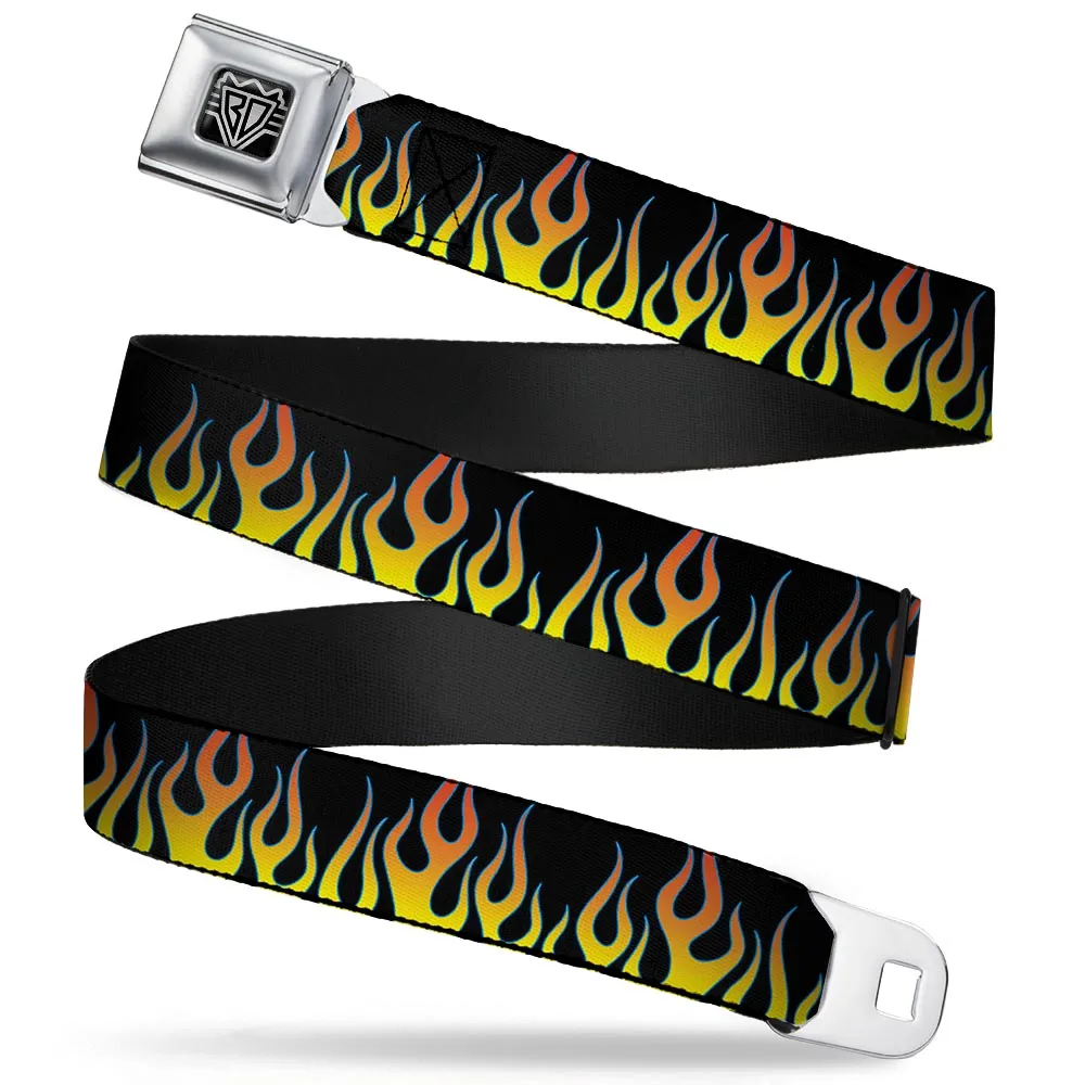 BD Wings Logo CLOSE-UP Full Color Black Silver Seatbelt Belt - Flames Black/Yellow/Orange Webbing by Buckle-Down