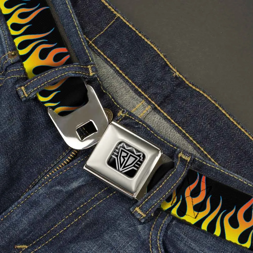 BD Wings Logo CLOSE-UP Full Color Black Silver Seatbelt Belt - Flames Black/Yellow/Orange Webbing by Buckle-Down