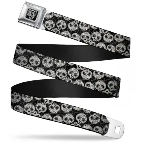 BD Wings Logo CLOSE-UP Full Color Black Silver Seatbelt Belt - Panda Bear Sugar Skull Scattered Black/Cream Webbing by Buckle-Down