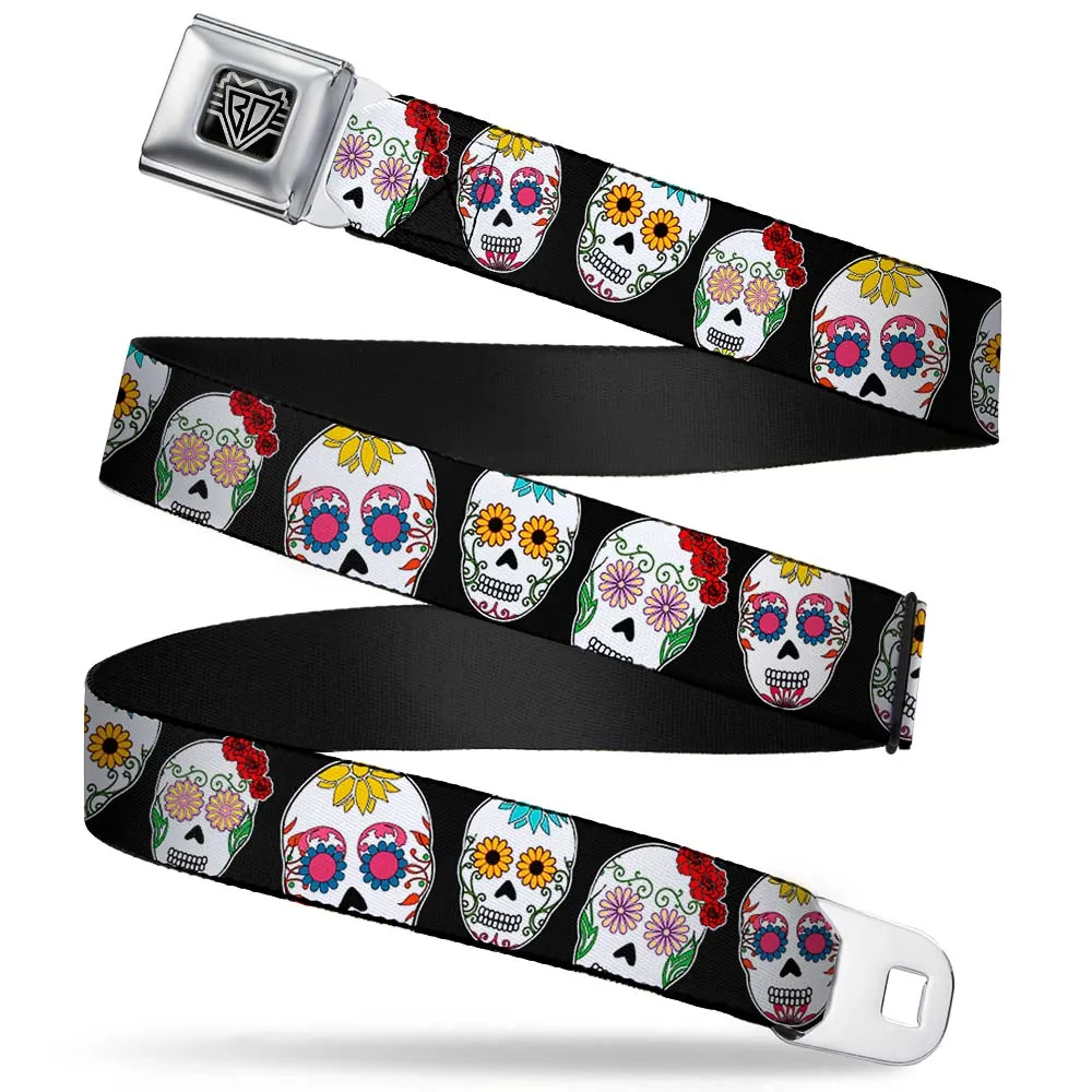 BD Wings Logo CLOSE-UP Full Color Black Silver Seatbelt Belt - Sugar Skull Outline Black/Multi Color Webbing by Buckle-Down