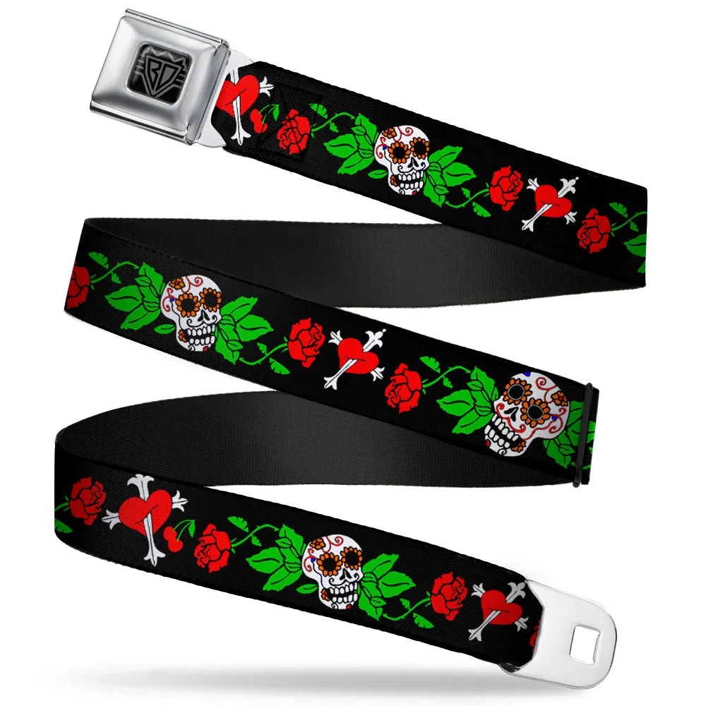 BD Wings Logo CLOSE-UP Full Color Black Silver Seatbelt Belt - Sugar Skull w/Roses & Heart Webbing by Buckle-Down