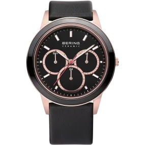 Bering Gents Multi function Rose Ceramic Bezel Black Leather Watch 33840-446