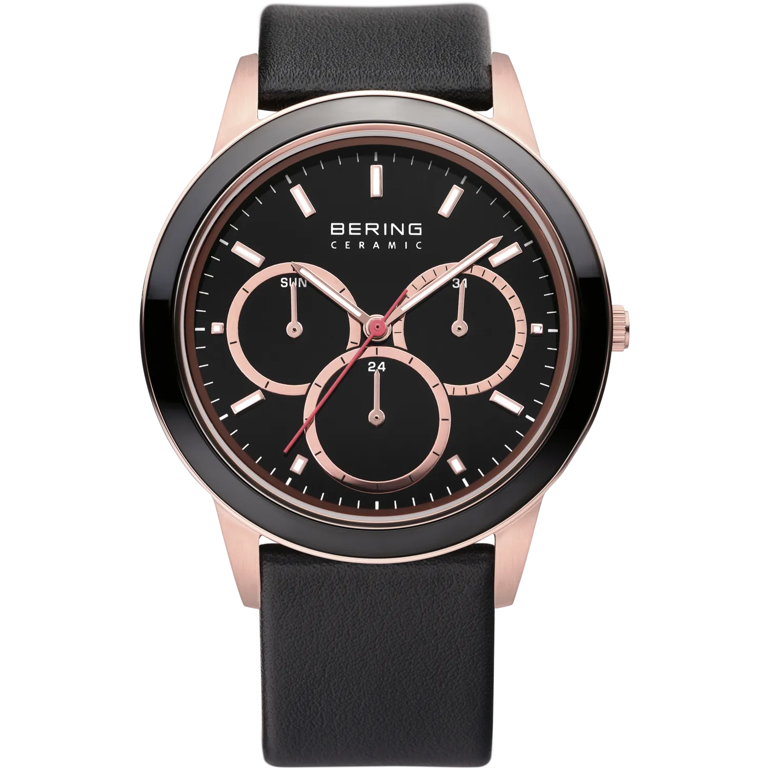 Bering Gents Multi function Rose Ceramic Bezel Black Leather Watch 33840-446