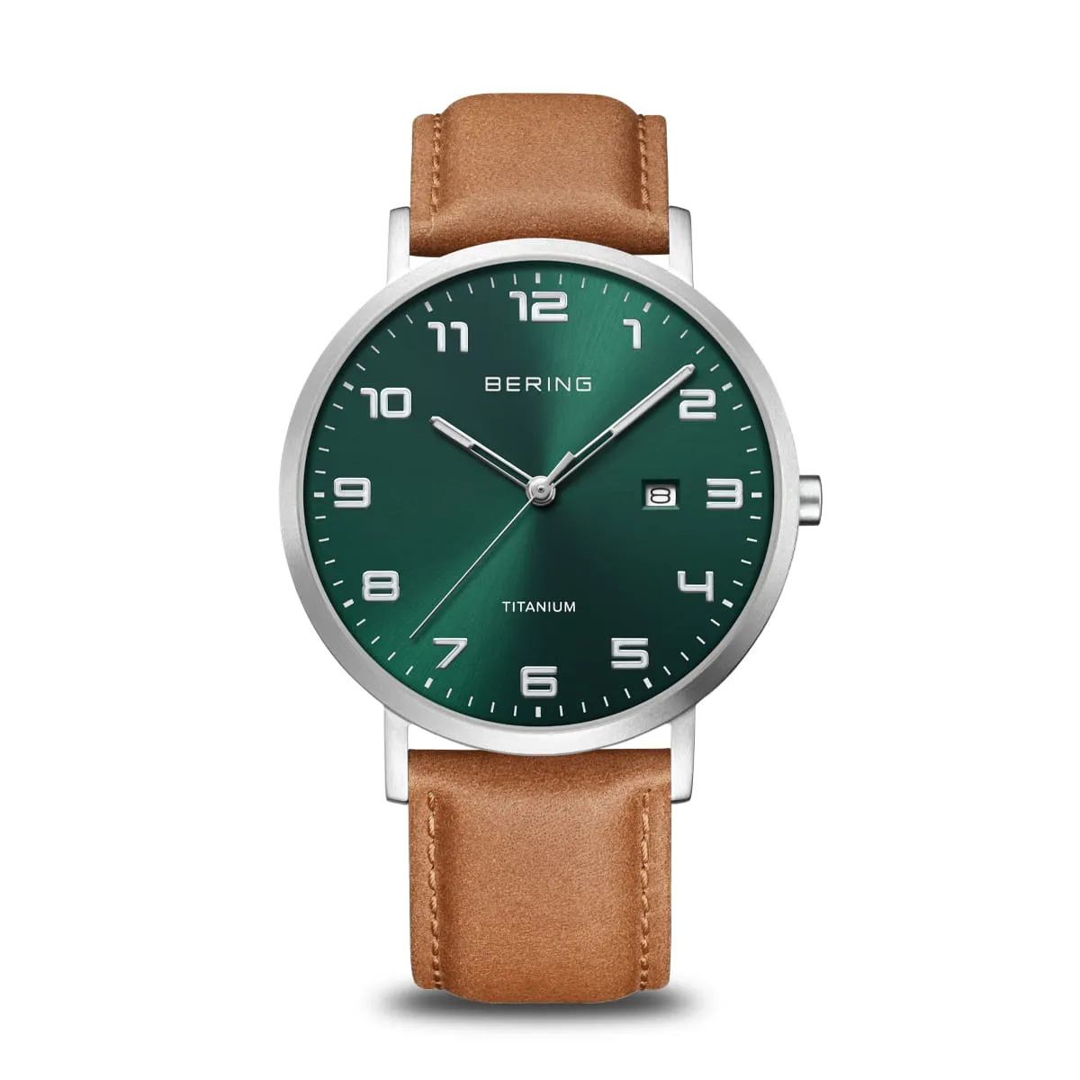 Bering - Titanium Green dial, Silver case, Tan strap watch